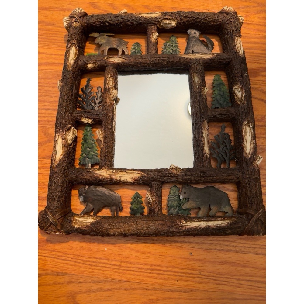 Rustic Lodge Cabin Wildlife Wall Mirror Faux Log Moose Bear Bison Cabin 12x15"